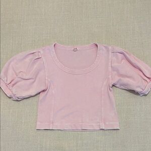 Aerie Top Seams Right XS Light Pink Puff Sleeve Cropped Faded Lounge Wear